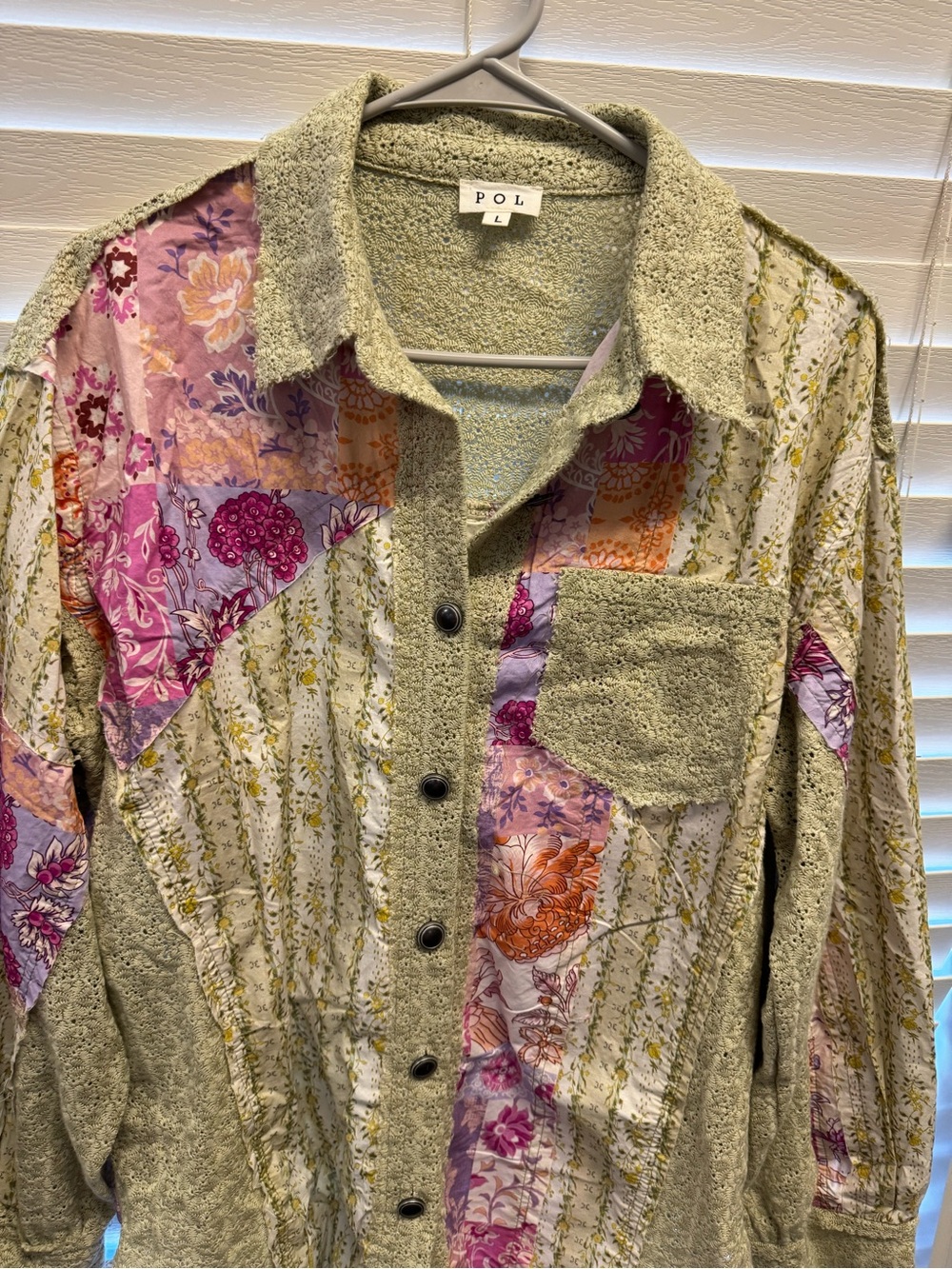 POL Sage Patchwork Button-Up Shirt with Pink and Orange Floral Panels
